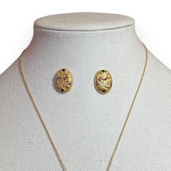 Vintage 80s Stainless Gold Toned Earring and Necklace Set - Picture 2 of 6